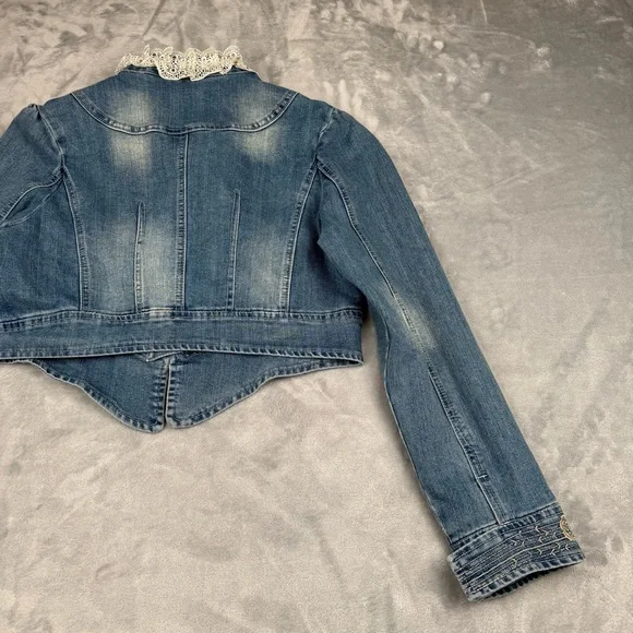 Vintage 90s Y2k Denim Jacket Womens Sz 12 Lace Fairy Whimsygoth Embroidered - Picture 12 of 13